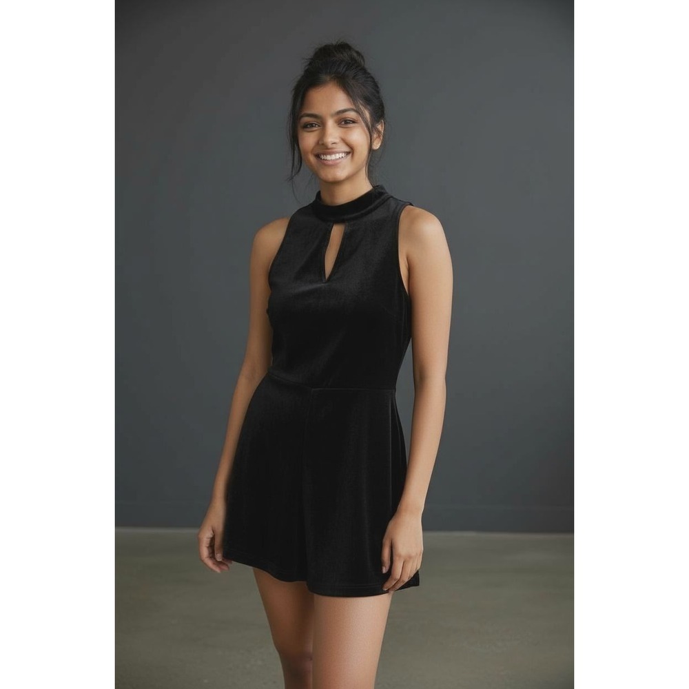 Love...ADY Black Velvet Sleeveless Mock Neck Romper XS Jumper Cocktail Party Y2K